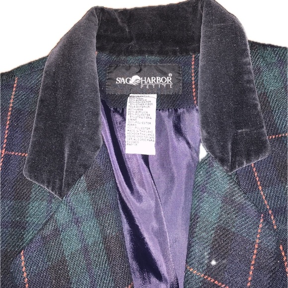 Vintage Wool Navy Green Structured Plaid Women’s Blazer Jacket Coat 8 Petite - Picture 4 of 10